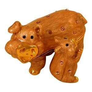Mother and Baby Pig Piggy Pigs Piglet Jeweled Enameled Hinged Trinket Box